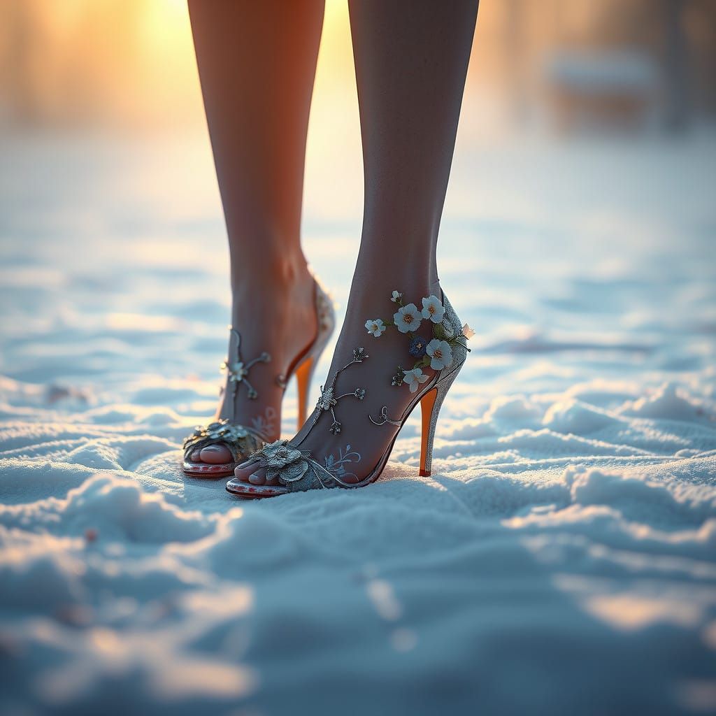 Ethereal High Heels Amidst Snowy Blooms