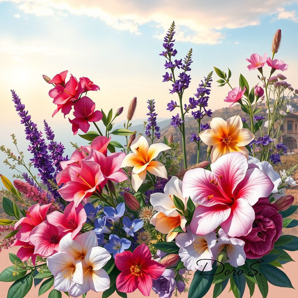 Mediterranean Floral Collage in Hyperrealistic Splash Art