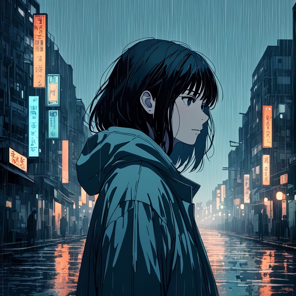 Melancholic City Girl in Anime Style