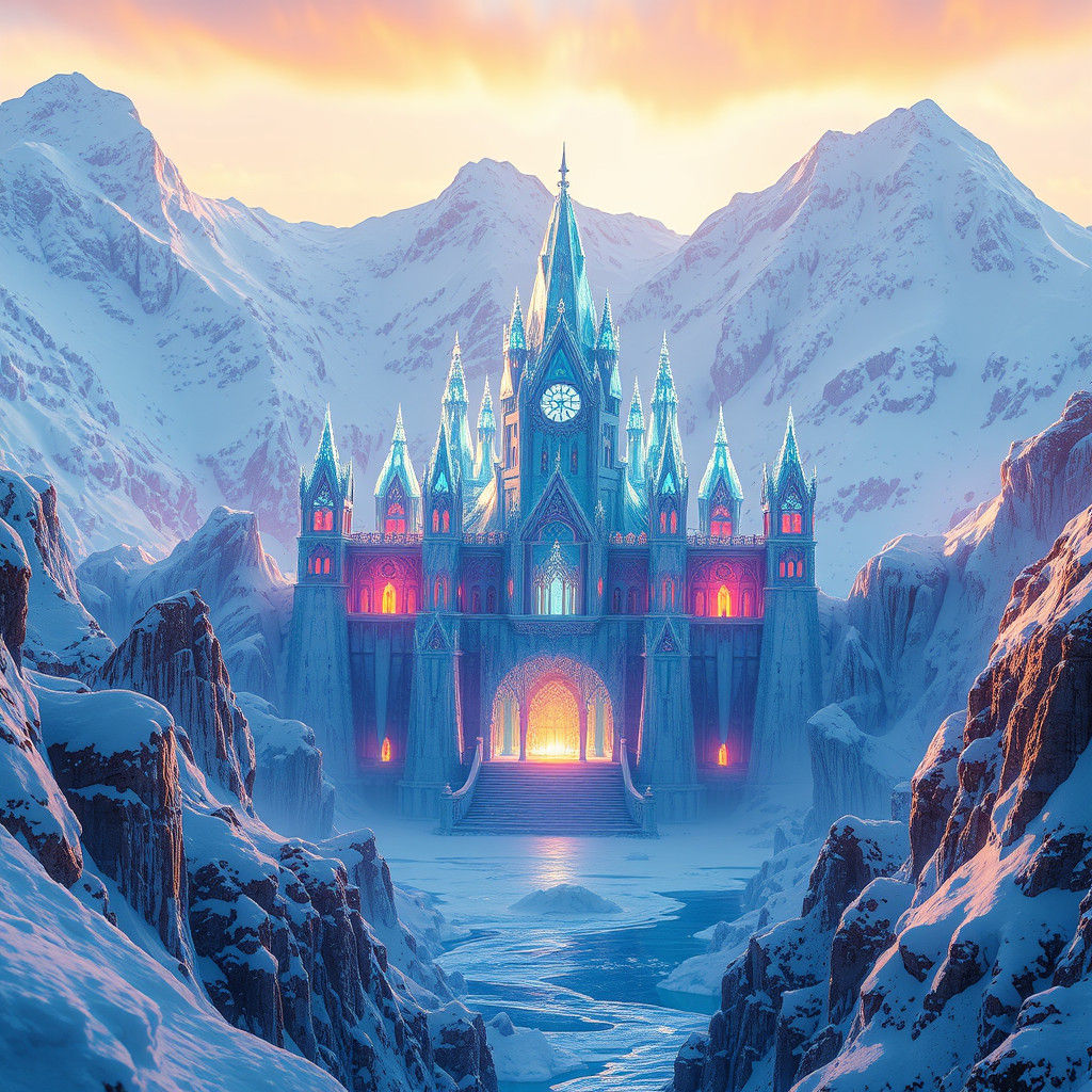 Icy Crystal Palace in a Snow Mountain Range