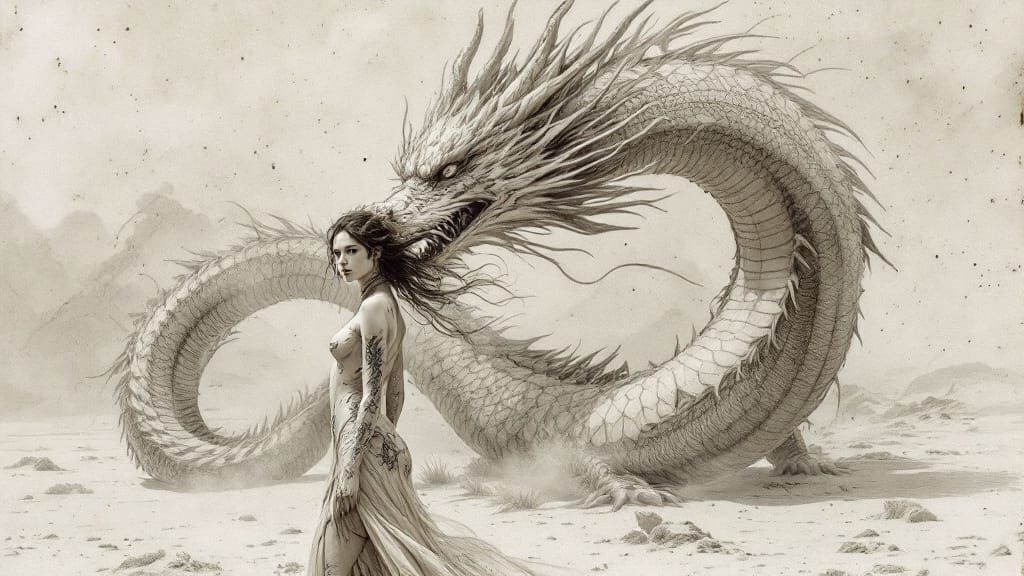 Dragon Rider Woman in Desert with Colossal Dragon