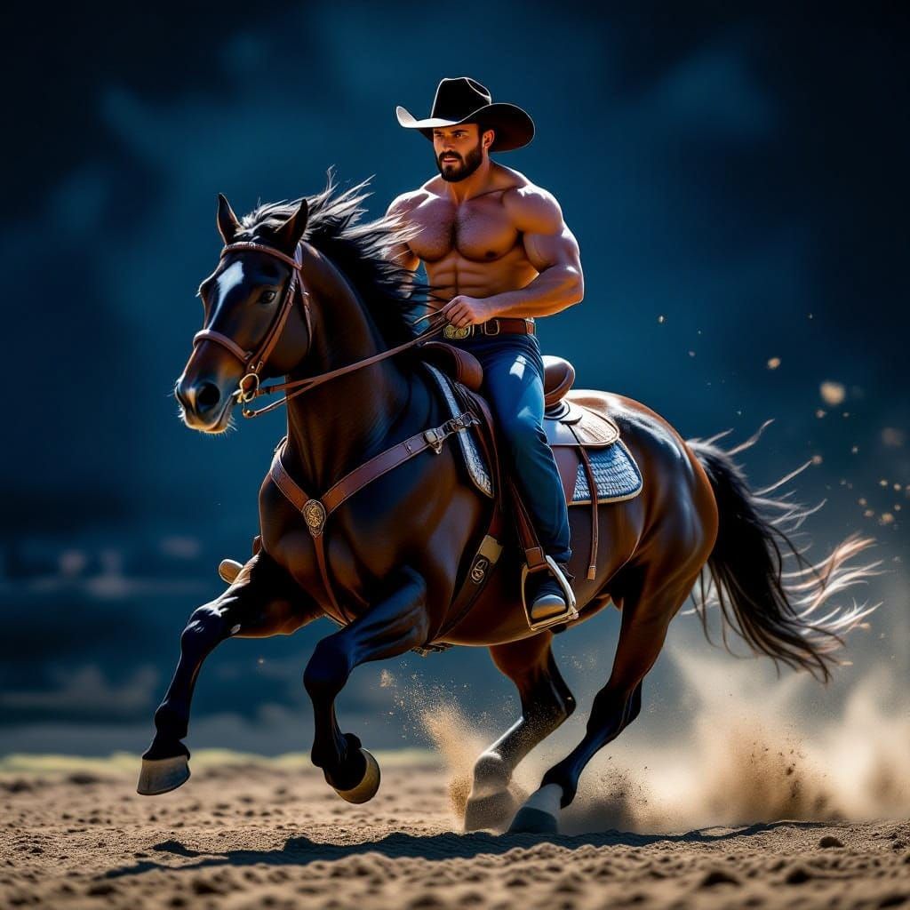 Muscular Cowboy Gallops on Stallion in Cinematic Realism