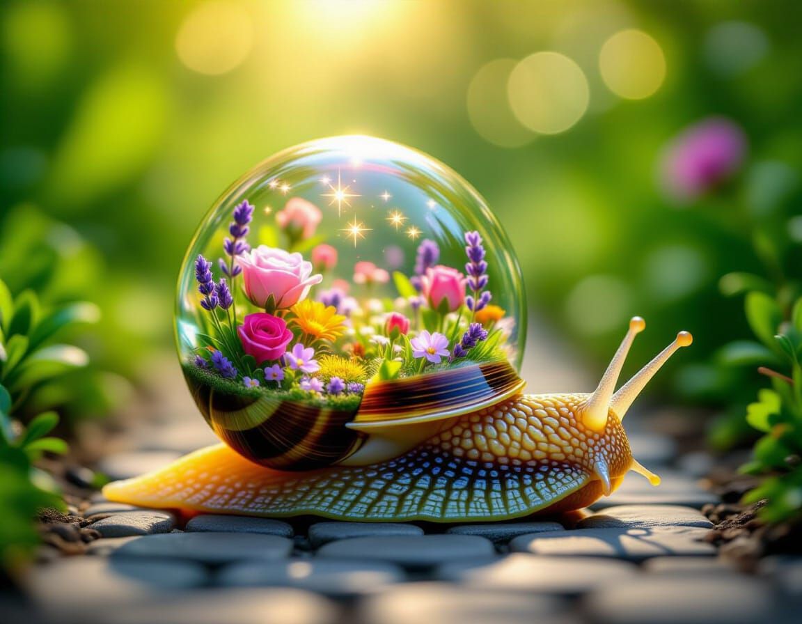 Magical Snail Terrarium in Hyperrealistic Macro