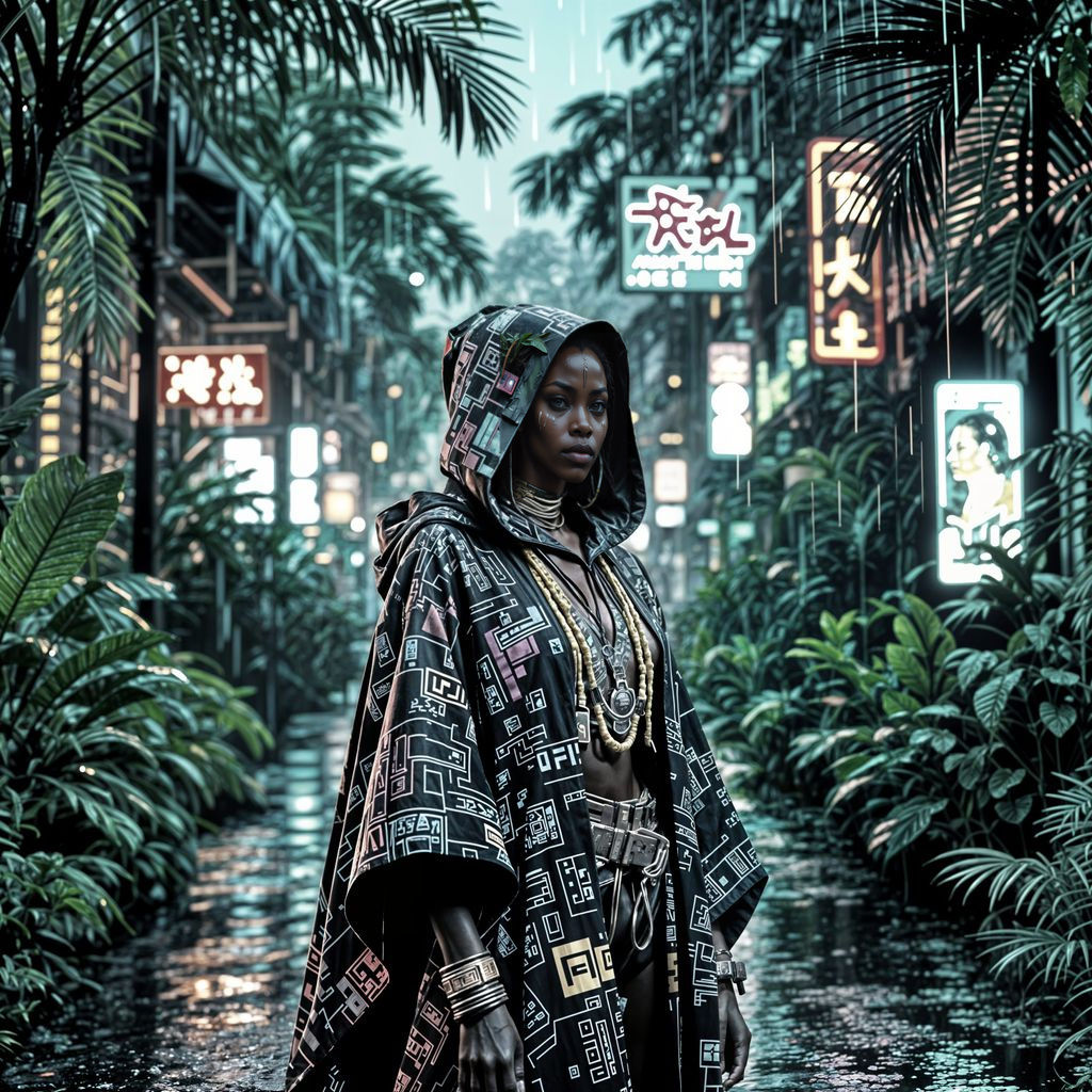 Cyberpunk Tribal Woman in Rainy Jungle