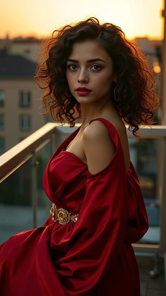 Woman in Red Dress on Balcony at Sunset
