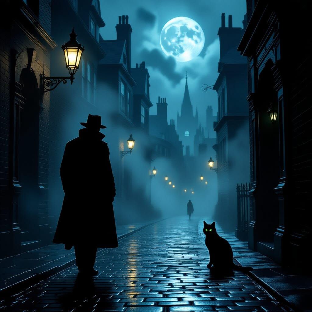 Gothic Detective in Foggy Victorian Street