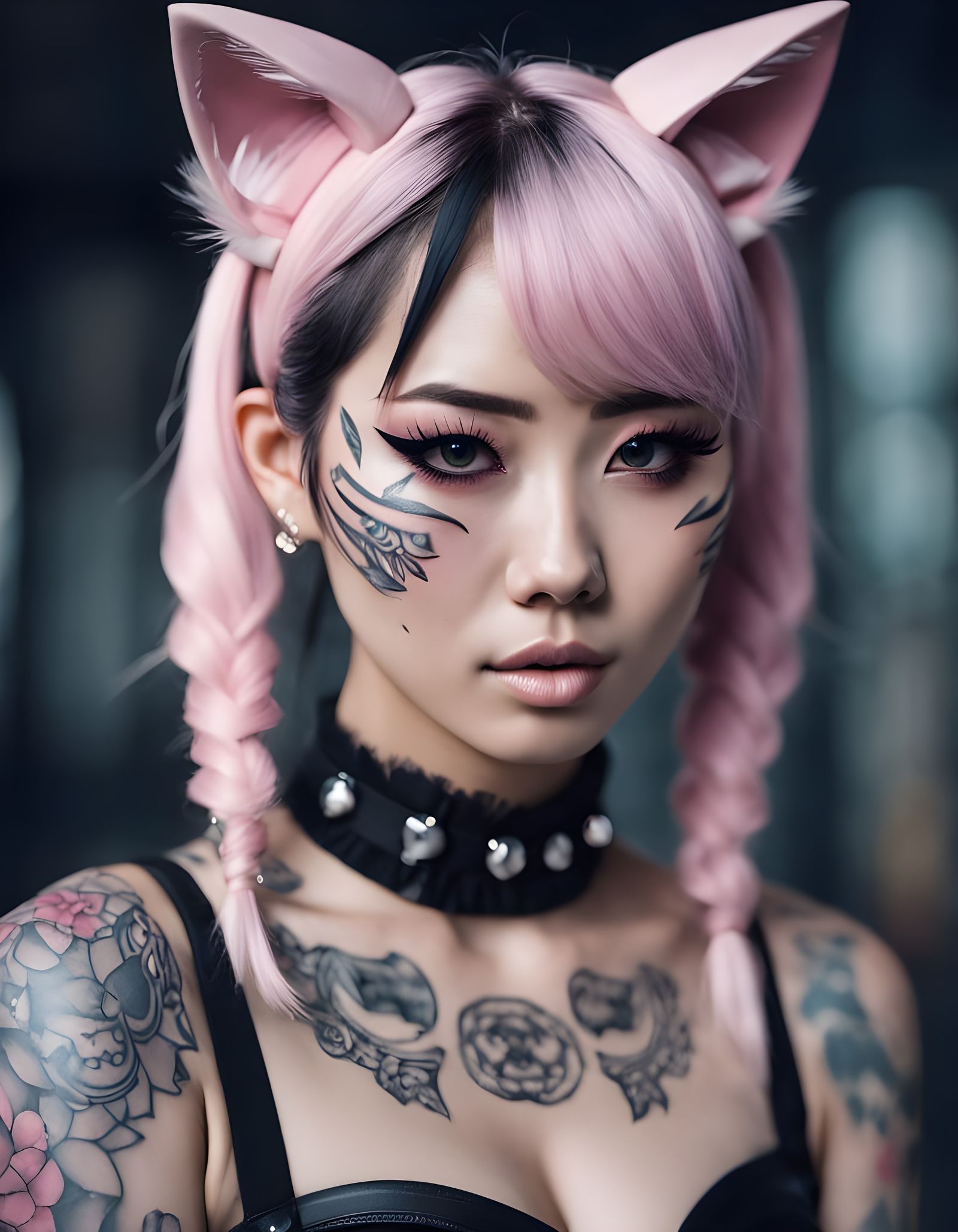 Asian Tattoo Model in Catgirl Cosplay, Hyperrealistic