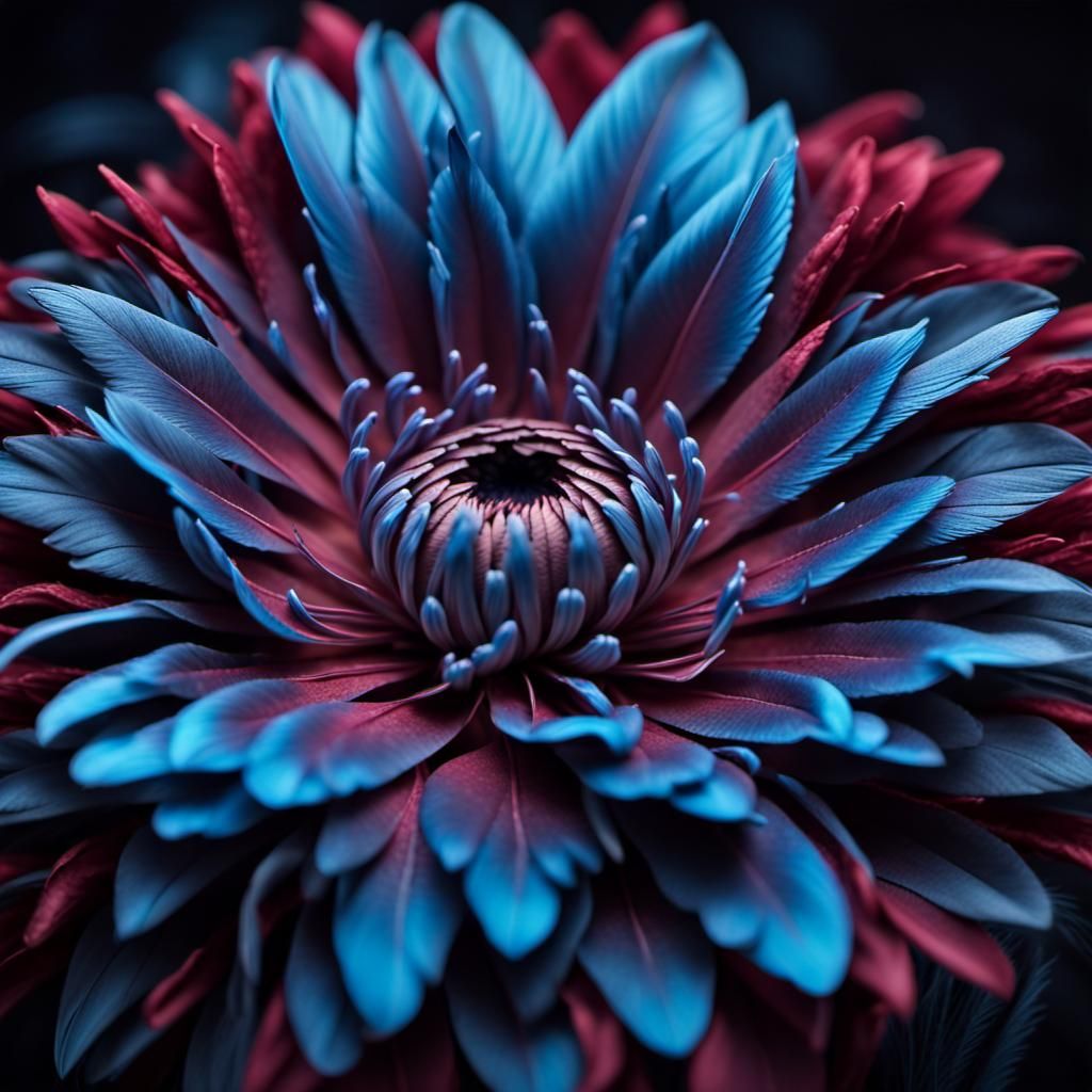 Burgundy Fantasy Flower with Blue Feather Petals