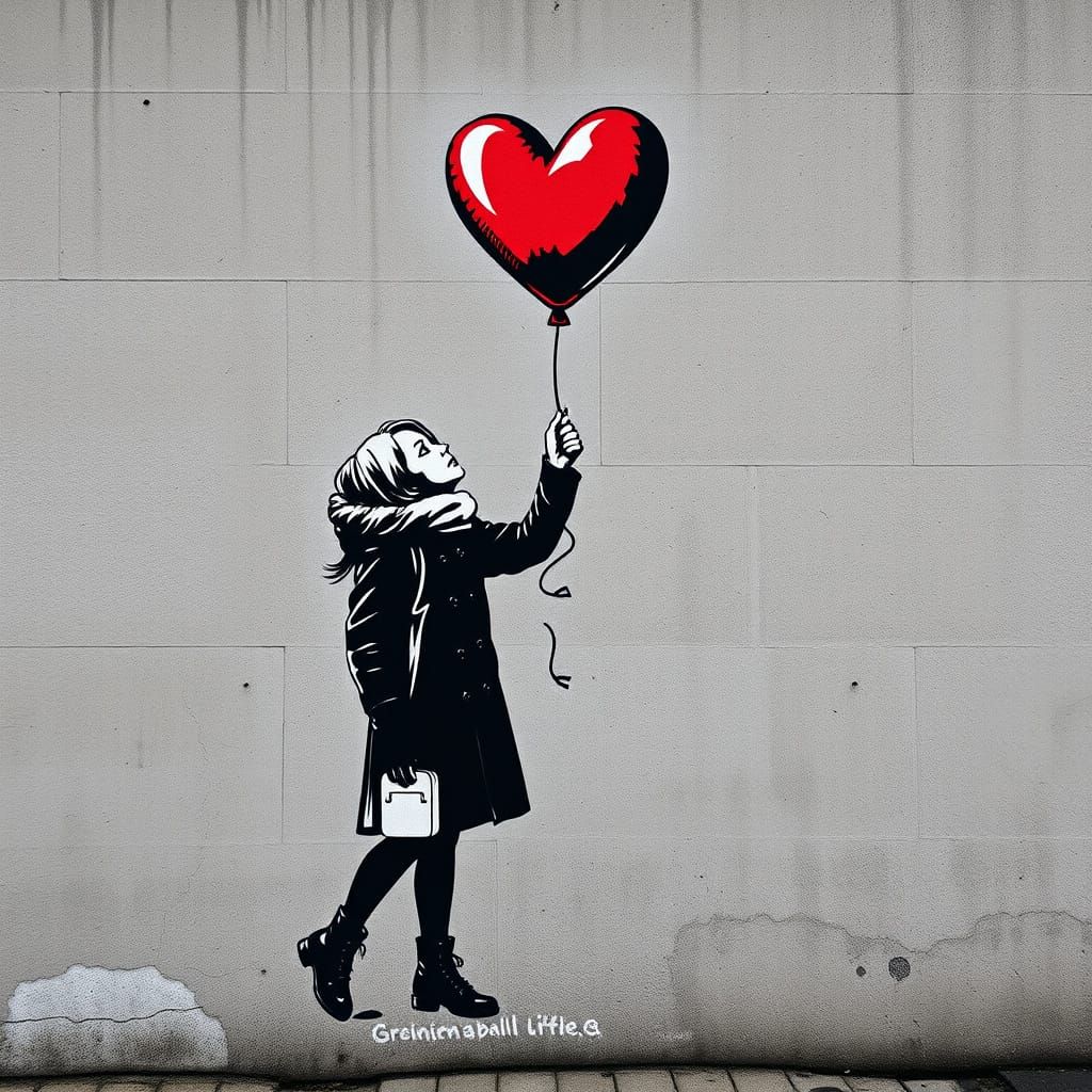Girl with Heart Balloon in Banksy Style