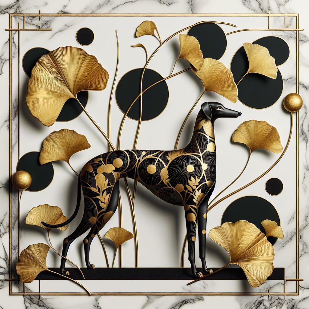Art Deco Greyhound with Ginkgo Leaves