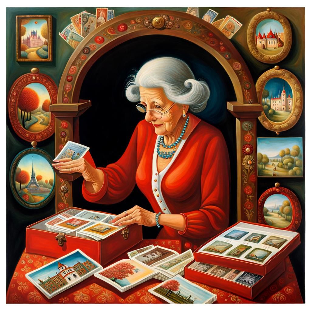 Old Woman with Postcard Collection in Surreal Style