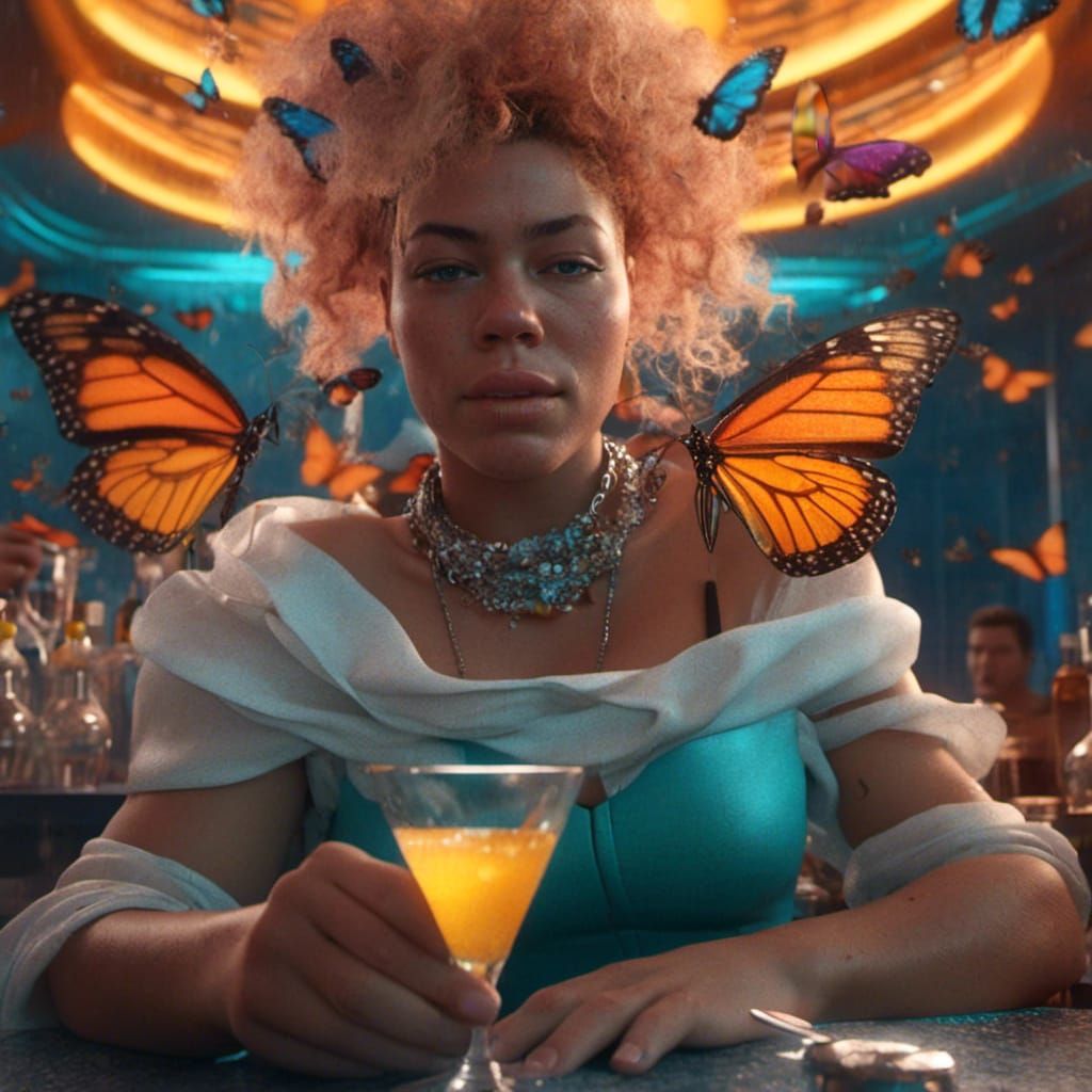 Futuristic Cocktail Waitress with Butterflies in Vibrant Con...
