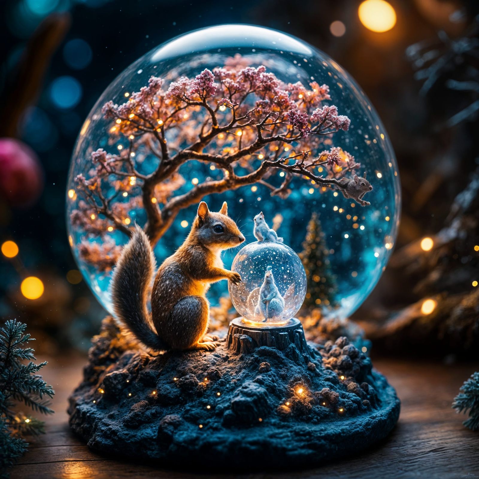 Snow Globe with Squirrel in Pointillist Style