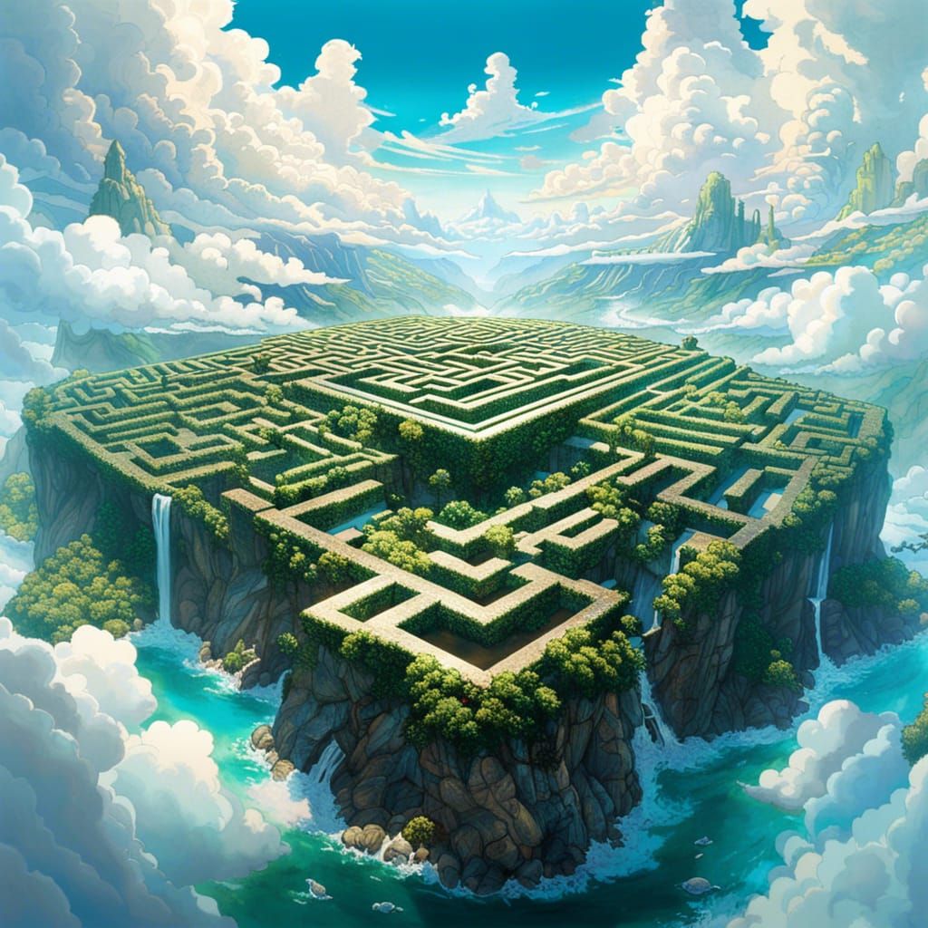 Extremely detailed film centred view of maze in island made out of clouds in sky, cloudcore, maximalist hyperdetailed in...