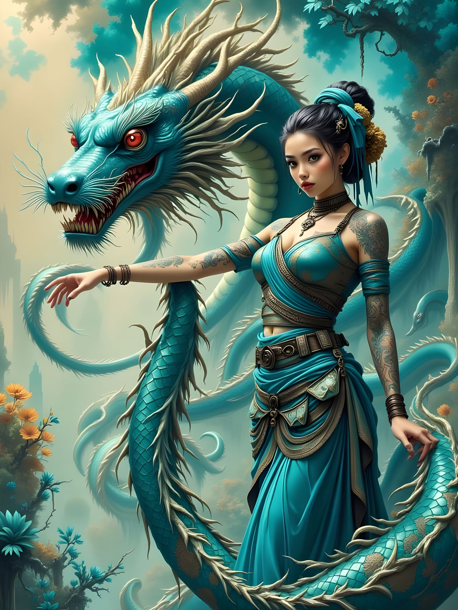 Dragon Dancer in Watercolor Pinup Style