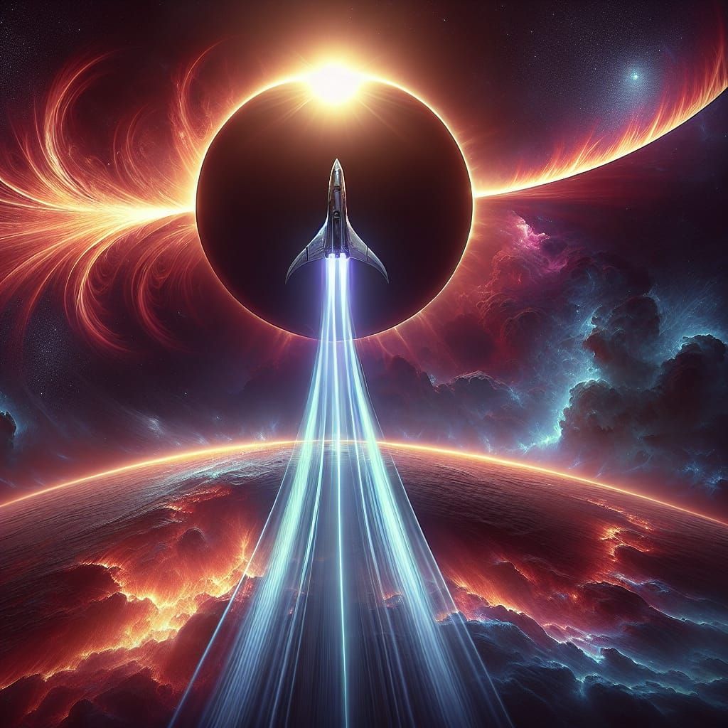 sleek arrow-shaped starship leaving blue trails against a me...