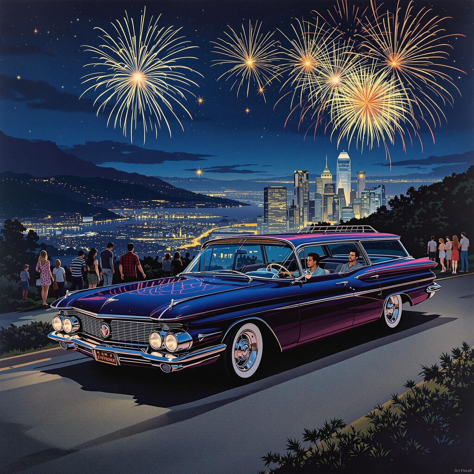 Vintage Retro-Futuristic 1960s Cityscape with Fireworks and ...