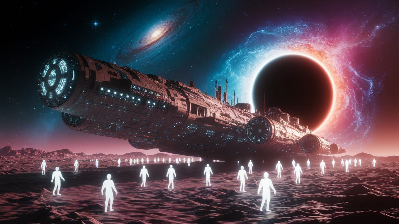 Surreal Ethereal Spaceship Emerge from Black Hole