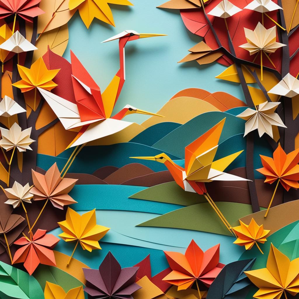 Origami Heron Cranes in Autumn Landscape