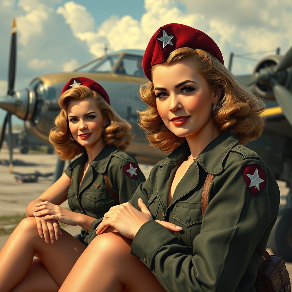 Vibrant Pin-Up Girls Amidst WW2 Army Air Base Elegance