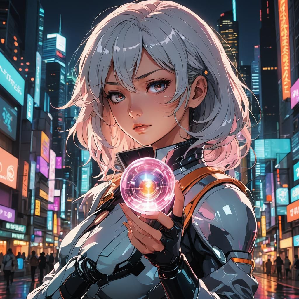 Anime Heroine in Futuristic Cityscape with Glowing Orb