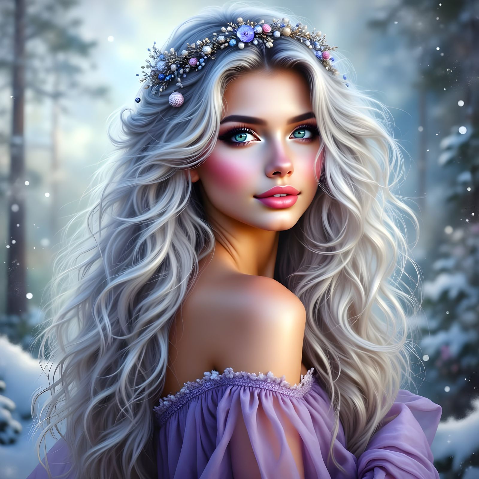 Norse Goddess Portrait with Silver Hair and Violet Eyes