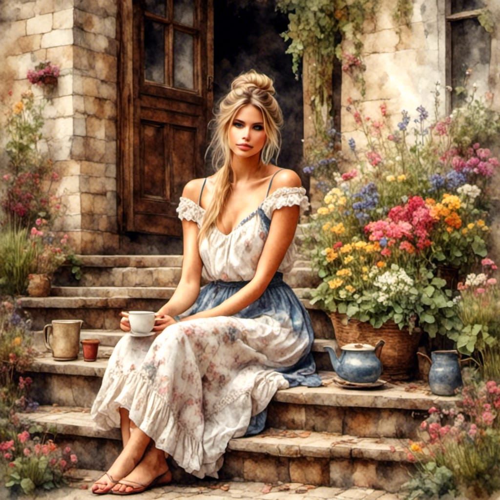 Stunning Woman with Coffee in Watercolor Style