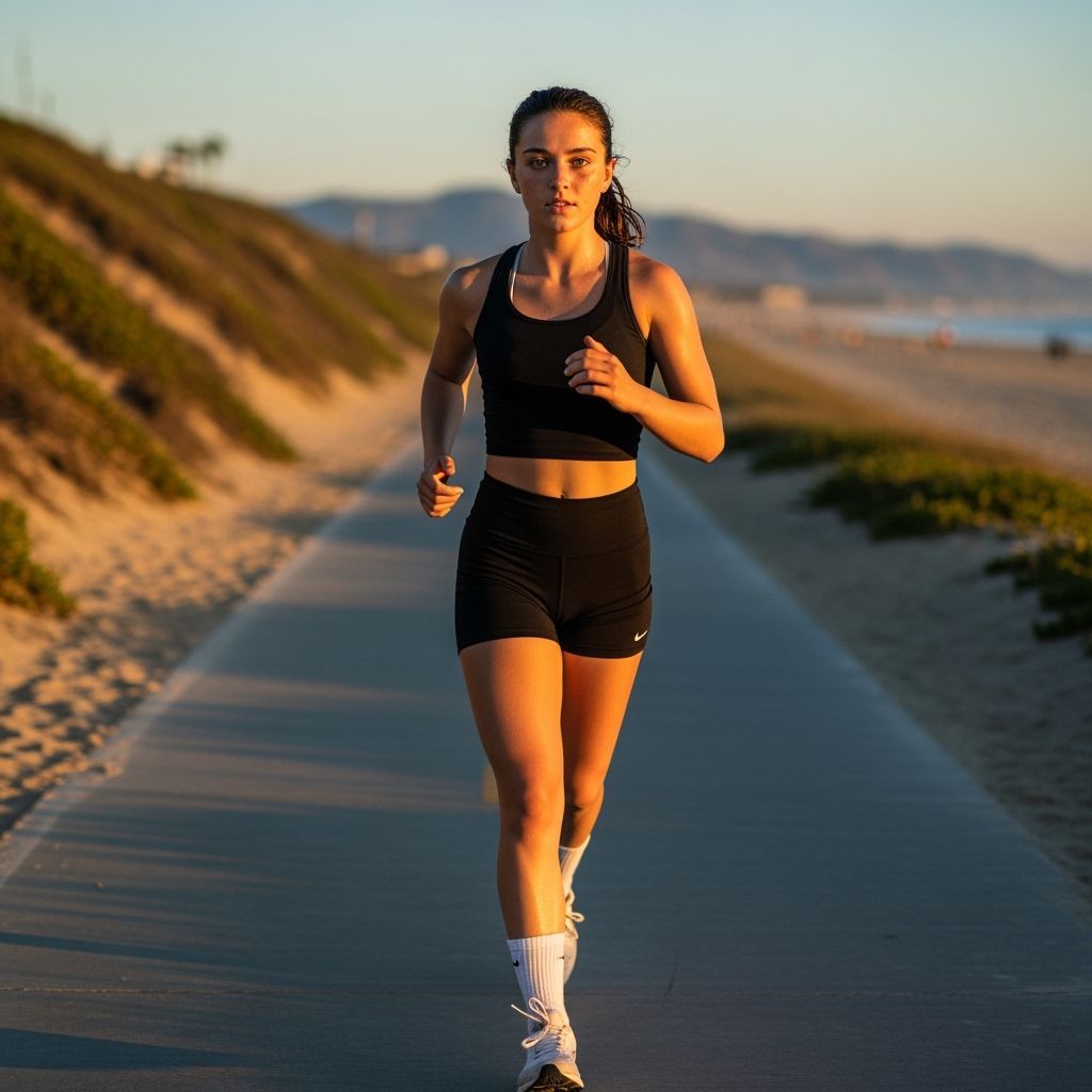 Girl Runs on Beach Path at Sunset: Photorealistic