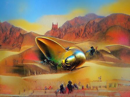 Steampunk Alien Spaceship Over Desert Landscape