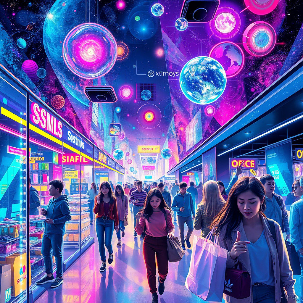 Futuristic Shopping Scene in Mixed Media Style