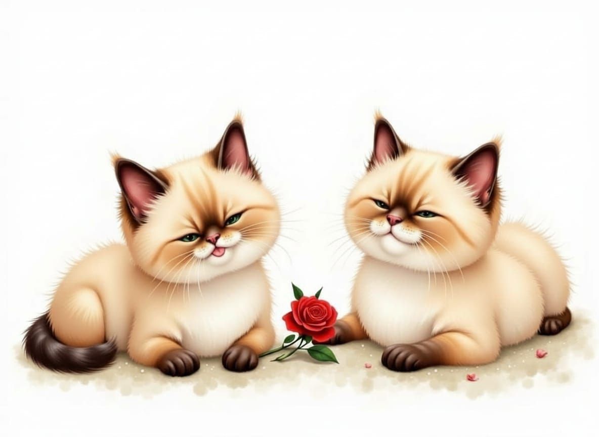 Two Goofy Cats Share a Rose in Watercolor