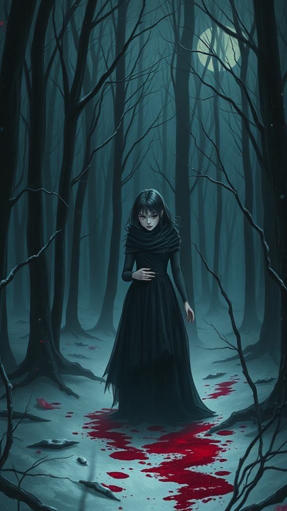 Vampire Girl in Snowy, Bloody Forest