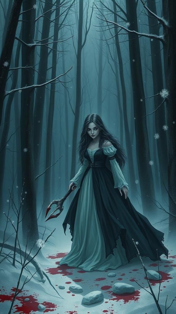 Vampire Girl in a Snowy Dark Forest