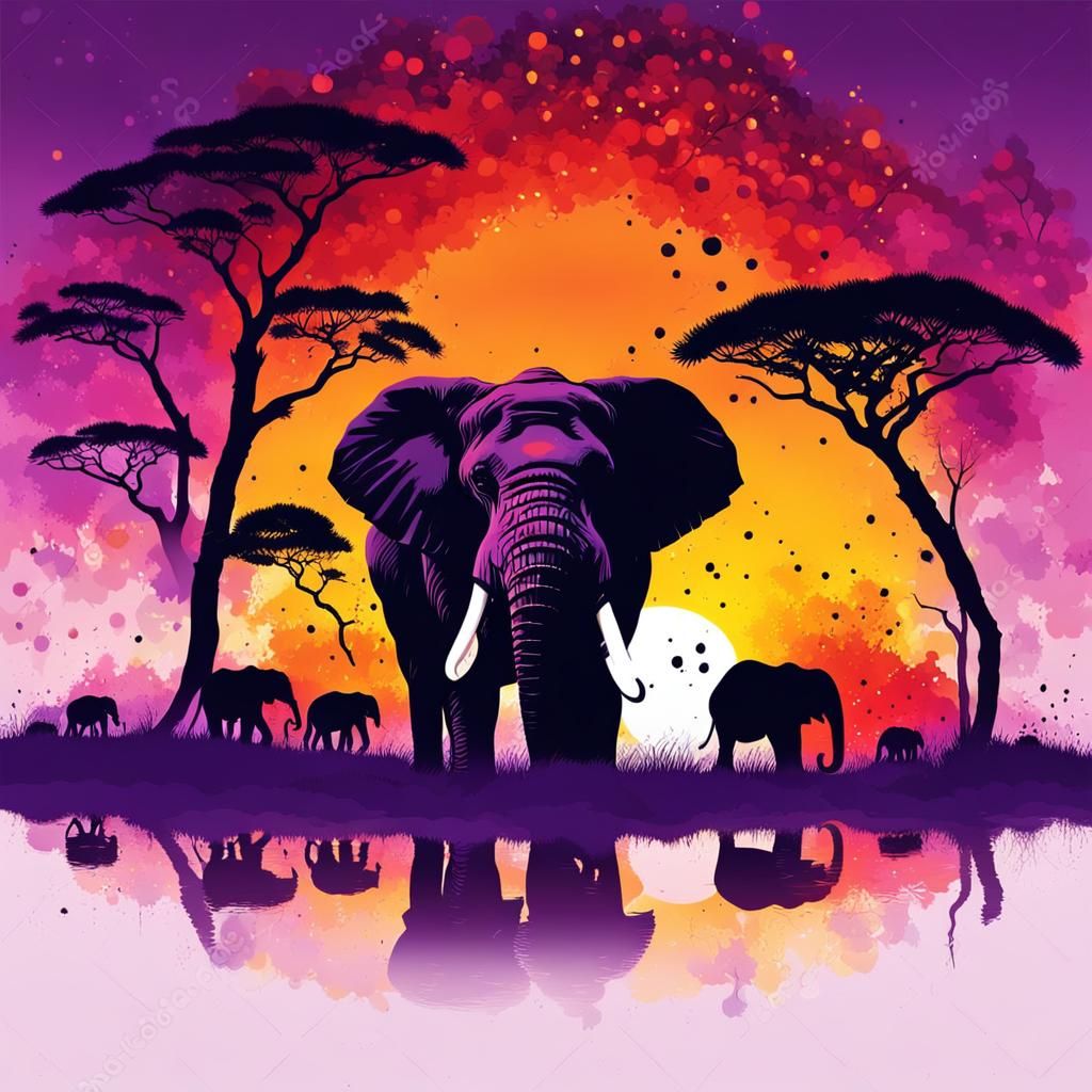 African Elephants Silhouette at Sunset: Vector Art