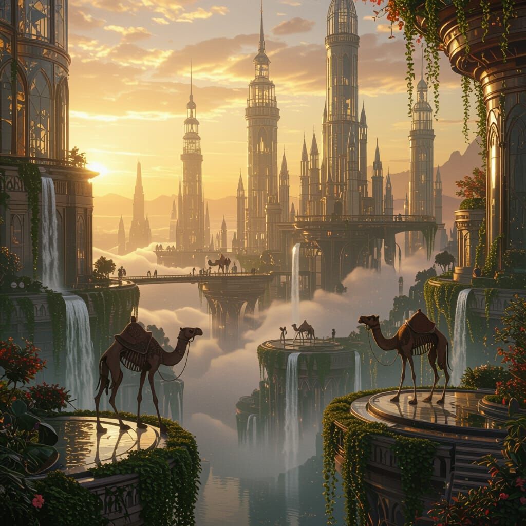 Surreal Floating Gardens with Dali-Inspired Camels