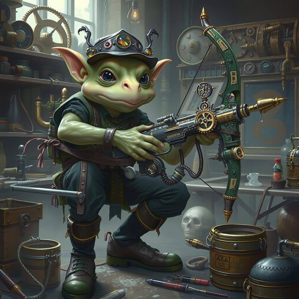 Frog-Goblin Artificer Crafts Arcane Crossbow - AI Art, image size:1024x1024