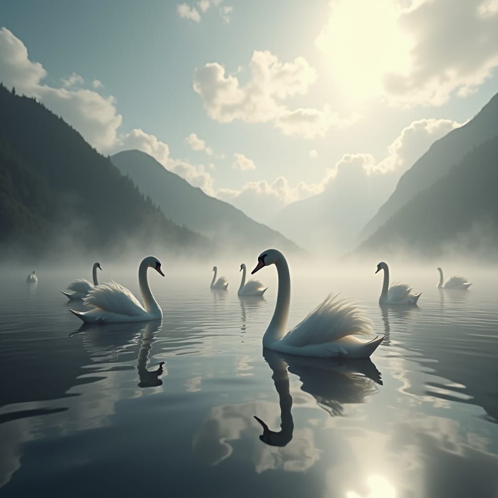 Black and White Swans in Lake with Soft Focus