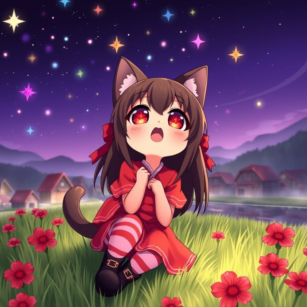 Adorable Anime Catgirl in Whimsical Rural Night Scene