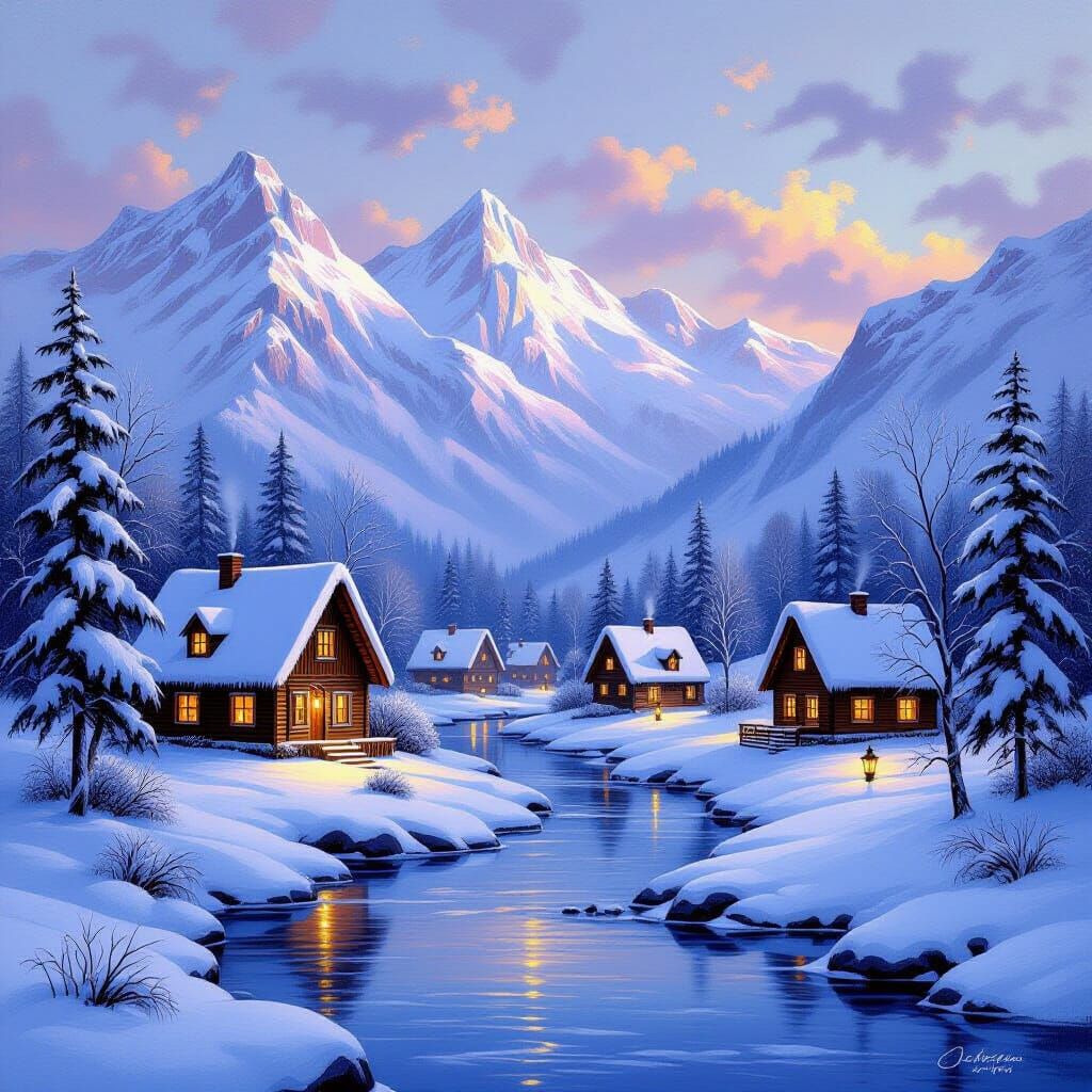 Idyllic Winter Village at Twilight, Oil Painting Style