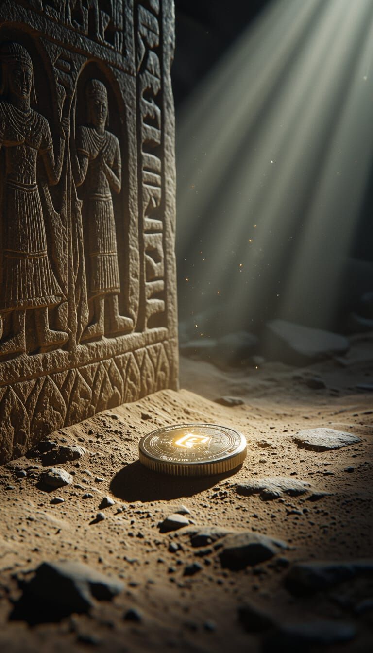 Futuristic Coin Vibrates in Dusty Tomb Under Dramatic Light