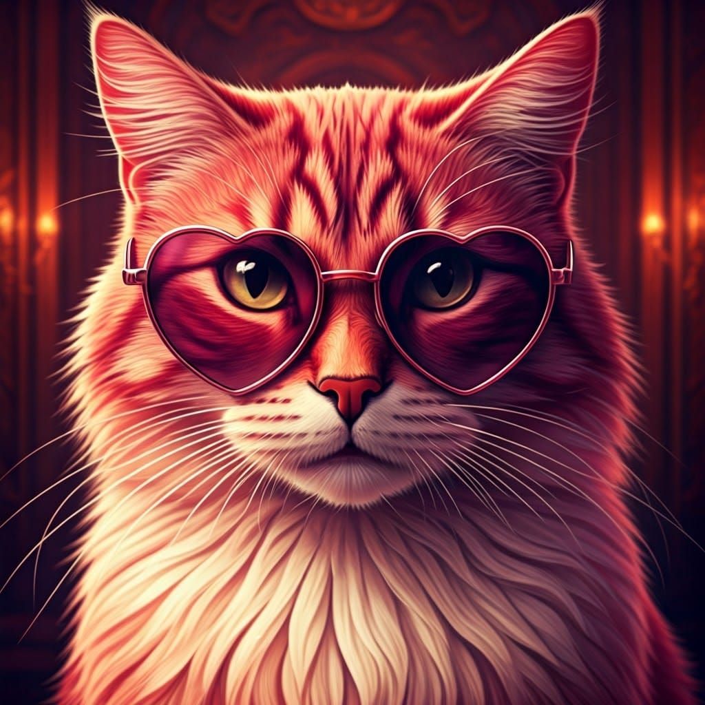Confident Feline Enigma in Pink Heart Sunglasses
