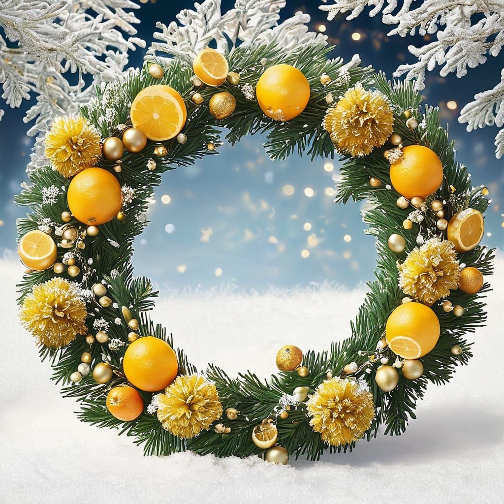 A golden wreath crafted from mimosa blossoms and accented wi...