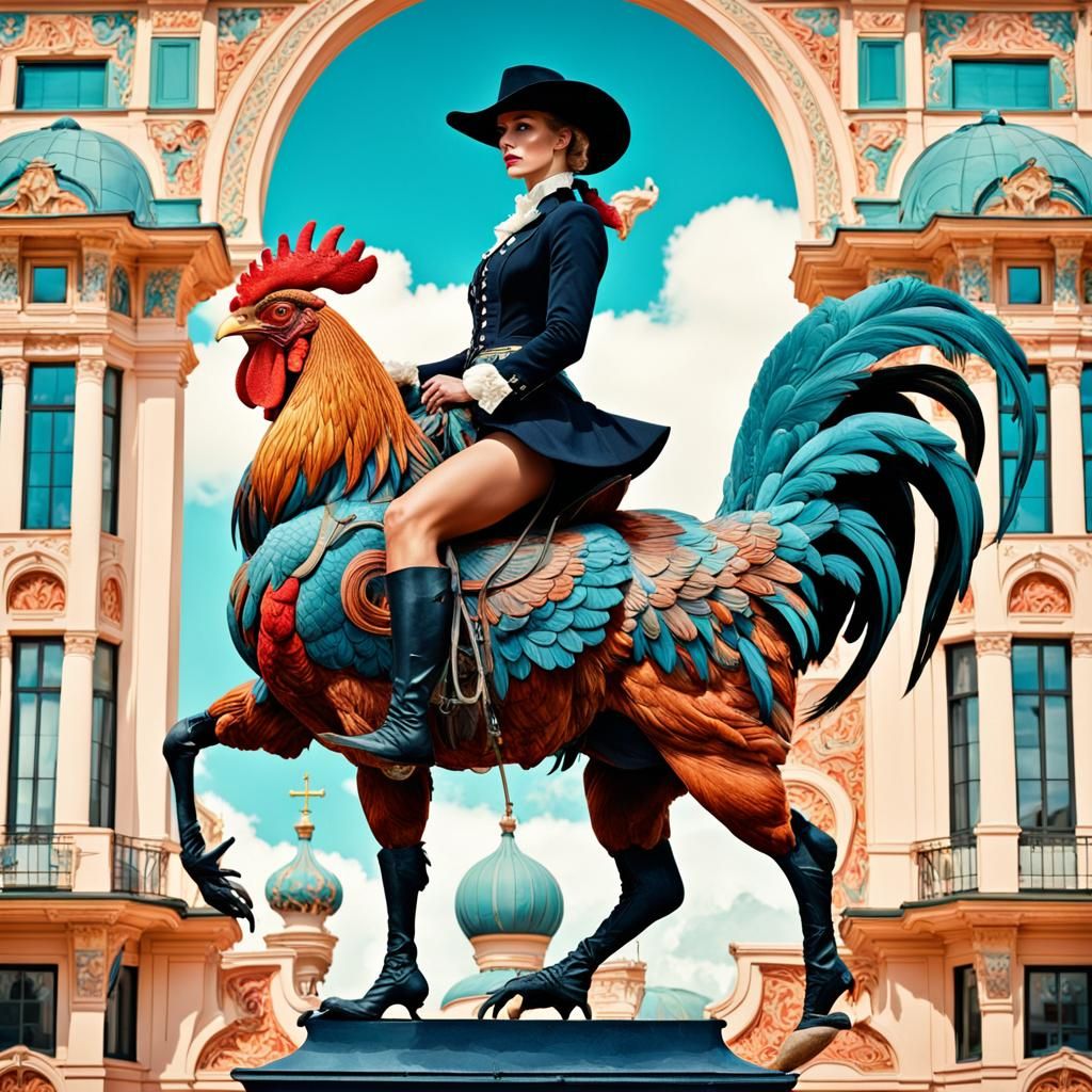 Cowgirl Rides Giant Rooster in Art Nouveau Style