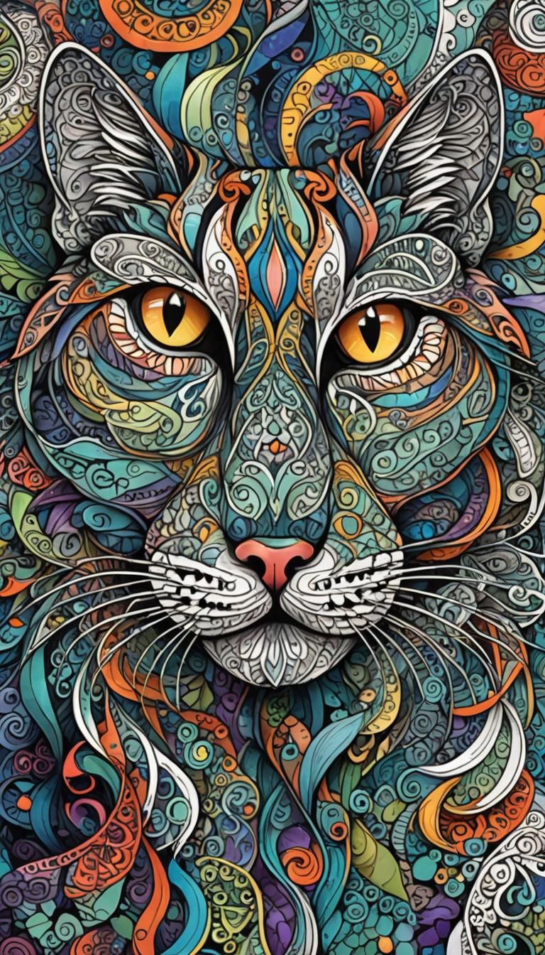 Zentangle Cat Face Desktop Wallpaper in Cool Colors