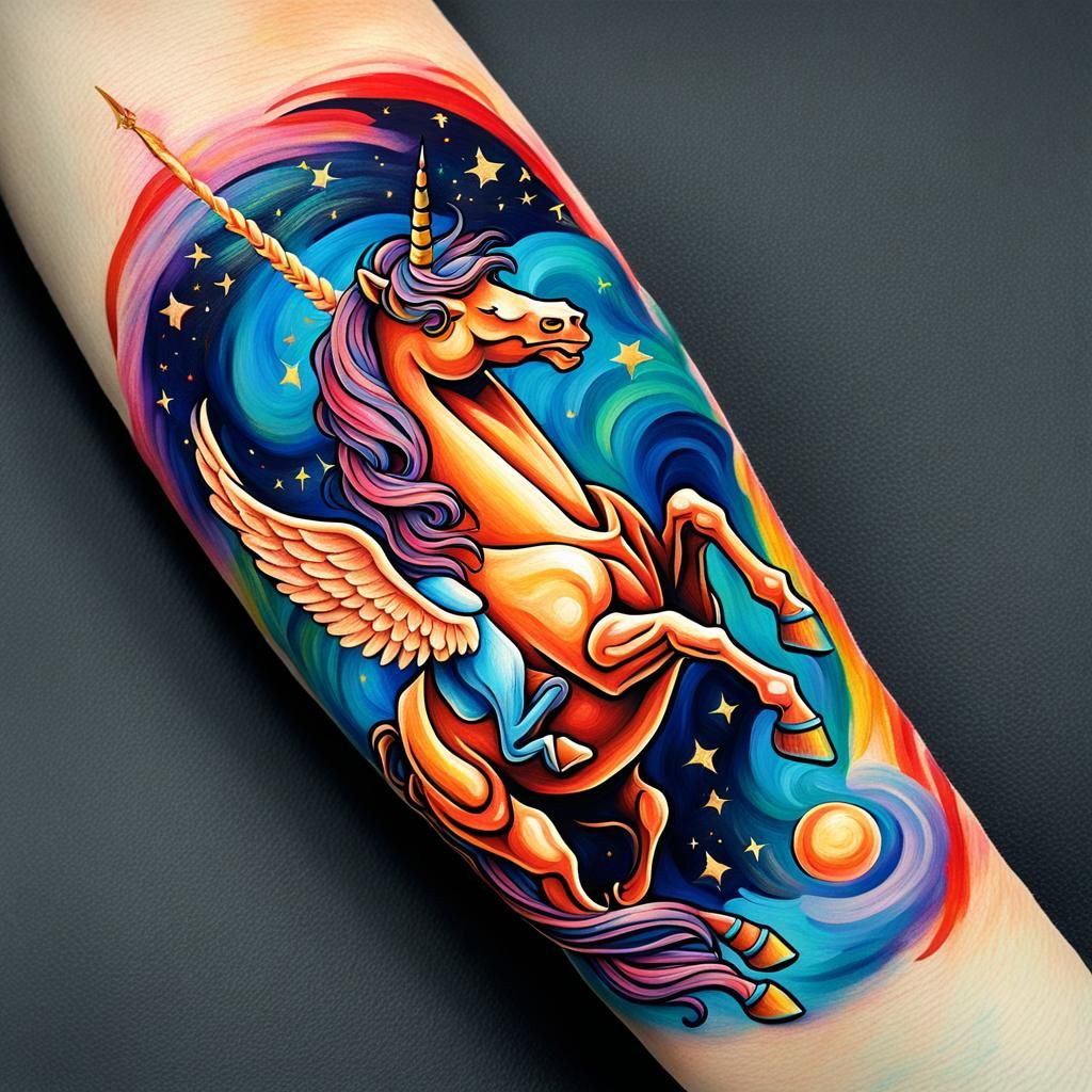 Angel Riding Unicorn Painted on Forearm
