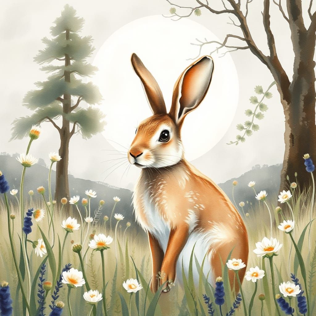 Belgian Hare in Moonlit Meadow, Watercolor Illustration