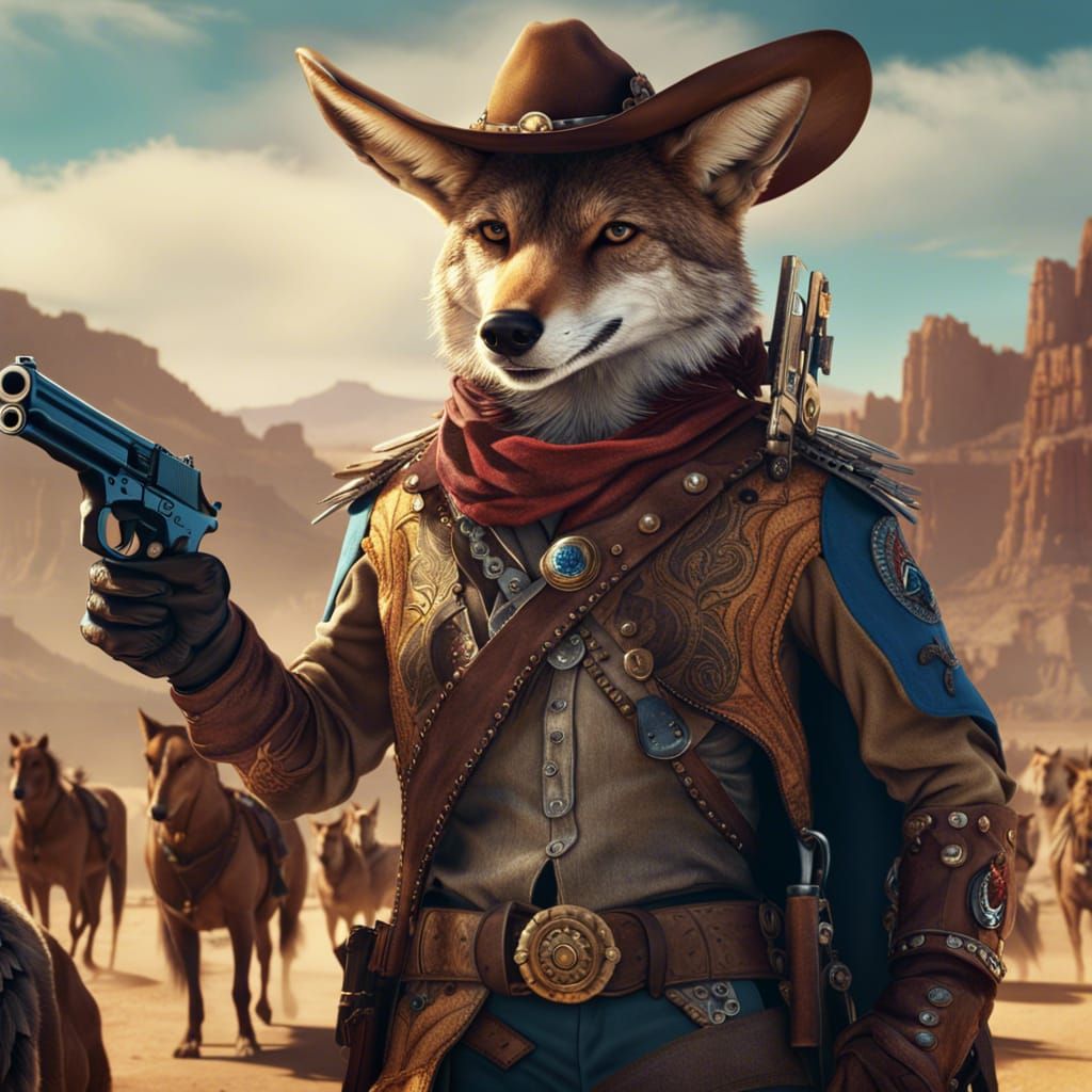 Coyote Cowboy in Mojave Desert: Detailed Digital Painting