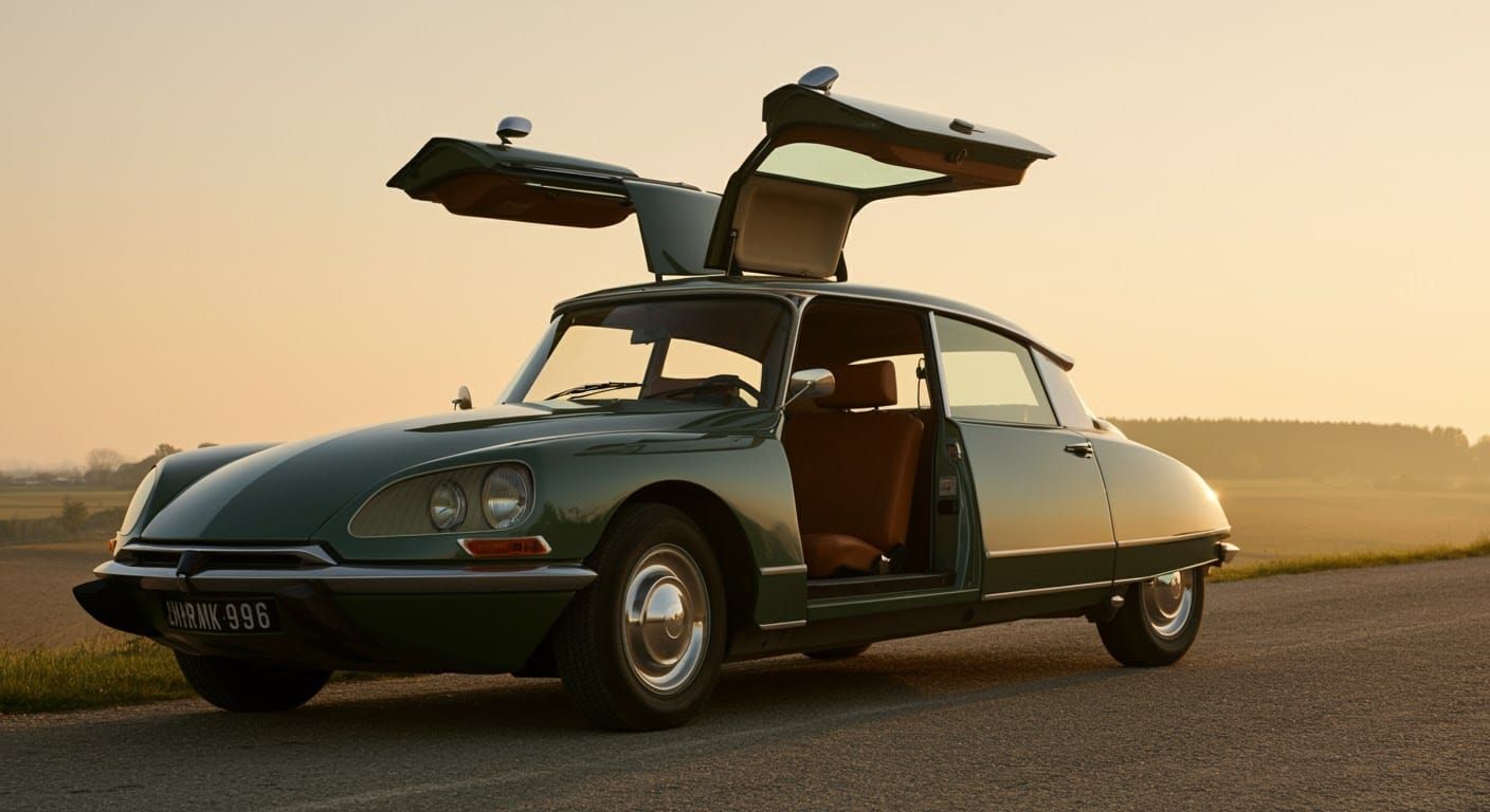 Citroen DS with Gullwing Doors in Retro-Futuristic Style