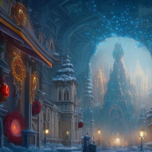 Detailed Christmas City Matte Painting in Deep Color