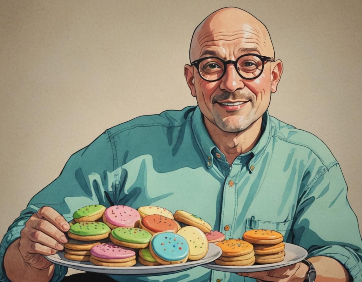 Colorful Cartoon of Bald Man with Cookies